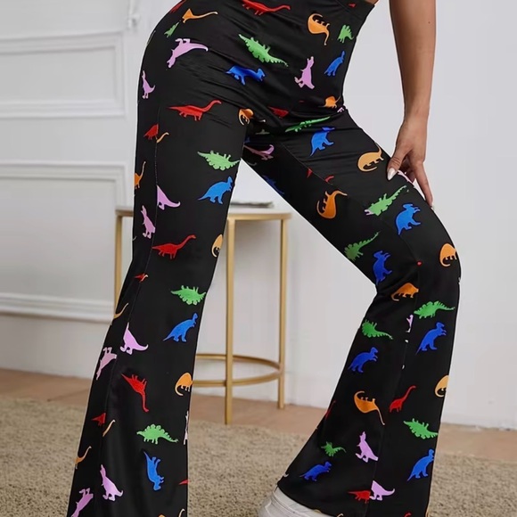 Temu Pants - Black Pants with Multicolor Dinosaur Print